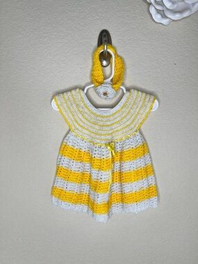NTM Handmade Crochet Baby Dress & Matching Headband Yellow White Boutique Set